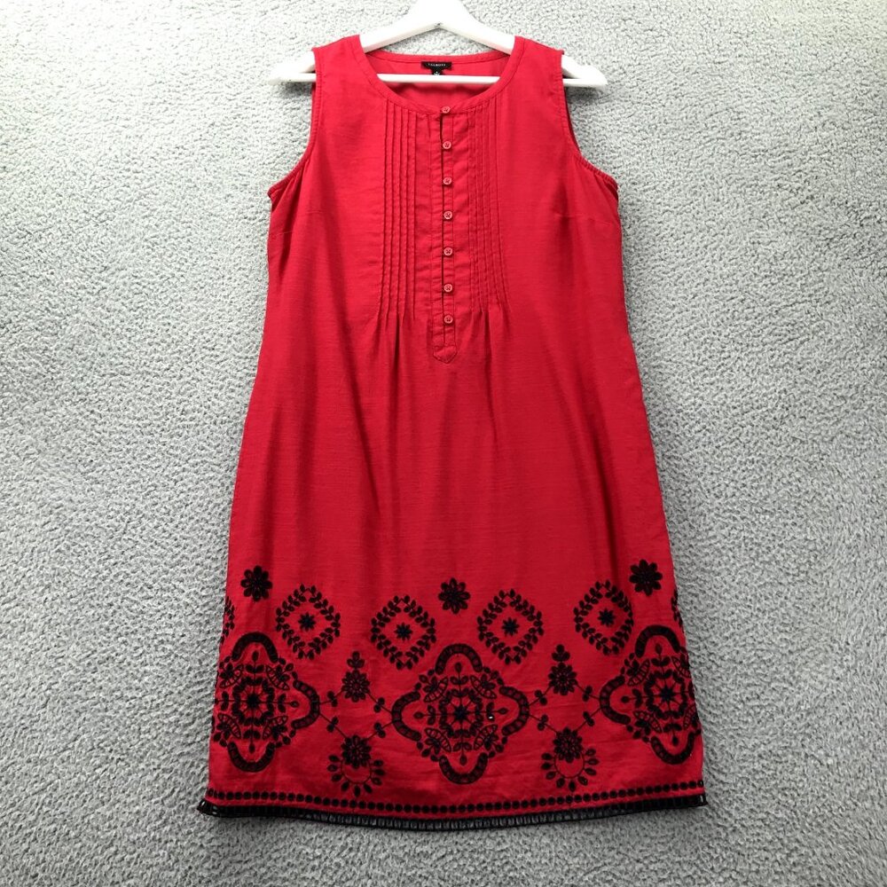 TALBOTS Womens Size 4 Pintuck Embroidered‎ Linen Blend Sleeveless Shift Dress